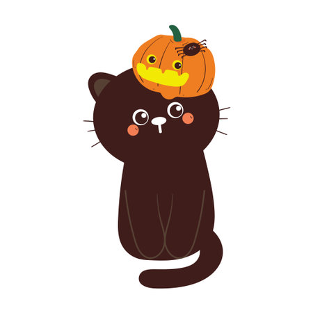cute hand drawing cartoon cat with halloween pumpkin and spider for halloween stickerのイラスト素材