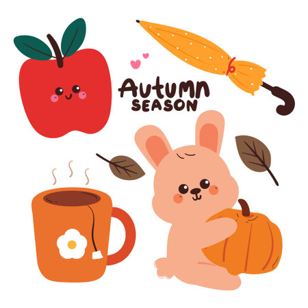 cute hand drawing cartoon bunny with autumn element drawing and stickerのイラスト素材