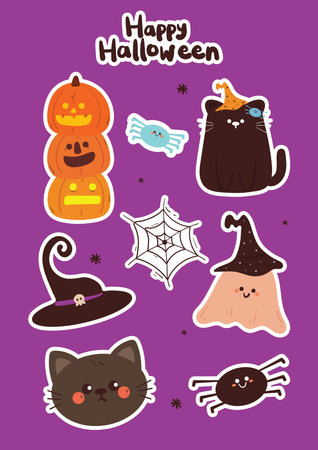 cute hand drawing cartoon cat with halloween element sticker sheetのイラスト素材