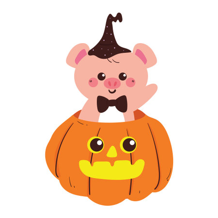 cute drawing cartoon pig with witch hat inside halloween pumpkin. cute halloween animal for stickerのイラスト素材