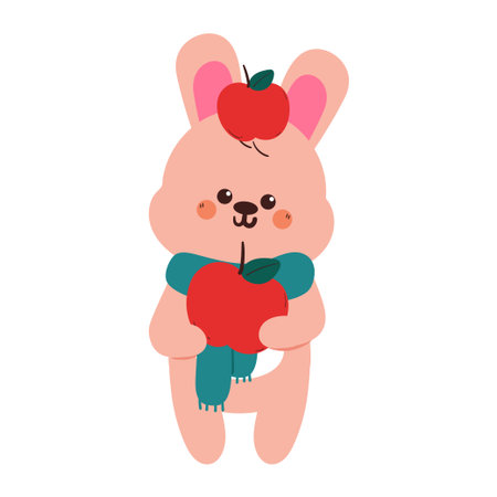 cute hand drawing cartoon bunny with scarf and red apple for autumn and winter stickerのイラスト素材