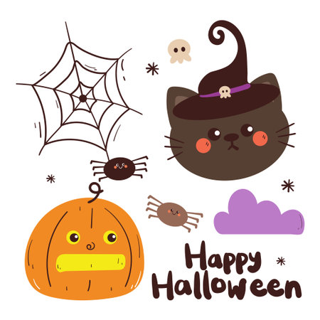 cute hand drawing cartoon cat with halloween element drawing for halloween sticker and iconのイラスト素材