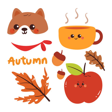 cute hand drawing cartoon puppy with autumn falls element drawing for stickers, iconのイラスト素材