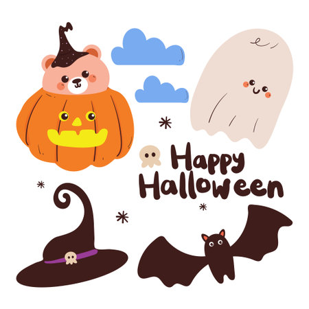 cute hand drawing cartoon bear with halloween element drawing for halloween sticker and iconのイラスト素材