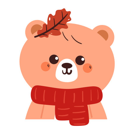 cute drawing cartoon bear with red scarf and autumn leavesのイラスト素材
