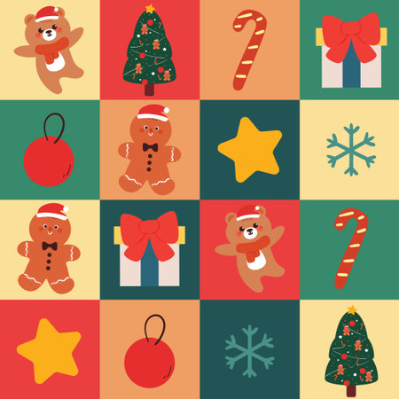cute patchwork pattern with cartoon christmas element drawing for christmas wallpaper, cardのイラスト素材