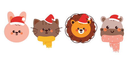 set of cute hand drawing cartoon animals with scarf for winter and christmas and winter sticker setのイラスト素材