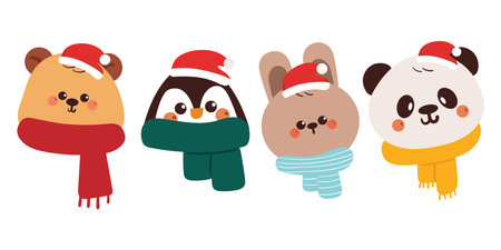 set of cute hand drawing cartoon animals with scarf for winter and christmas and winter sticker setのイラスト素材