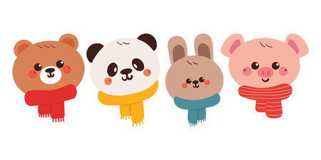 set of cute hand drawing cartoon animals with scarf for winter stickerのイラスト素材