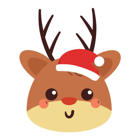 cute hand drawing cartoon deer head with Santa hat Christmas stickerのイラスト素材