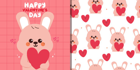 cute valentine card and pattern hand drawn cartoon bunny holding a big pink heart balloonのイラスト素材