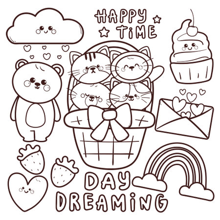 cute set of coloring page hand drawn cartoon bear and cat with dessert and sky element drawingのイラスト素材