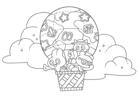 Coloring book illustration of a rabbit, a bear, and a cat in a balloonのイラスト素材