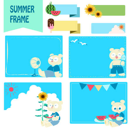 Summer frame set with hand-drawn illustrations of polar bearsのイラスト素材