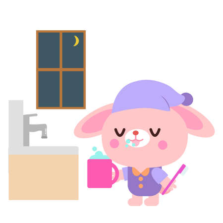Rabbit illustration brushing at nightのイラスト素材