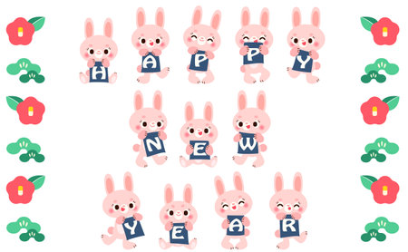 RABBIT ILLUSTRATION SET WITH HAPPY NEW YEAR LETTERSのイラスト素材