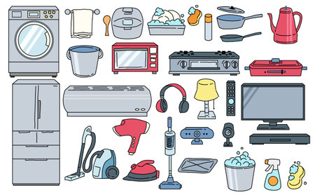 Hand drawn illustration set of home appliances and daily necessitiesのイラスト素材