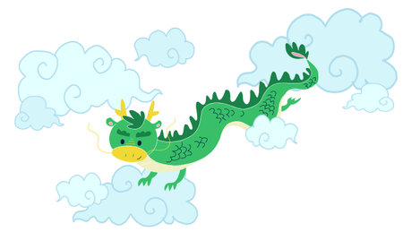 Illustration of a dragon peeking through a gap in the cloudsのイラスト素材