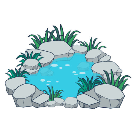 Hand drawn illustration of a pond surrounded by rocksのイラスト素材