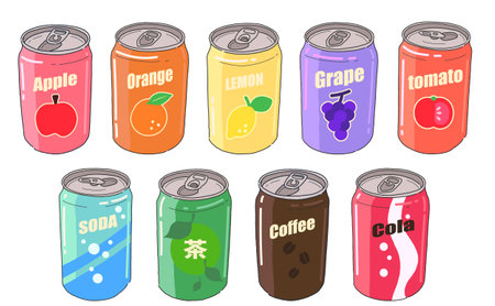 Hand-drawn illustration set of various cans of drinksのイラスト素材