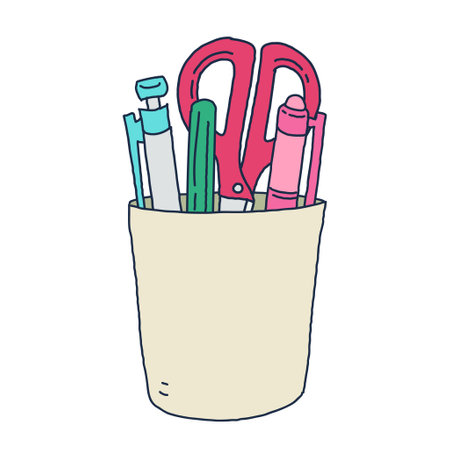 Illustration of writing utensils and scissors in a pen holderのイラスト素材