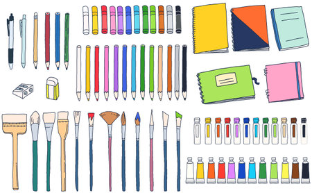 Hand drawn illustration set of art suppliesのイラスト素材