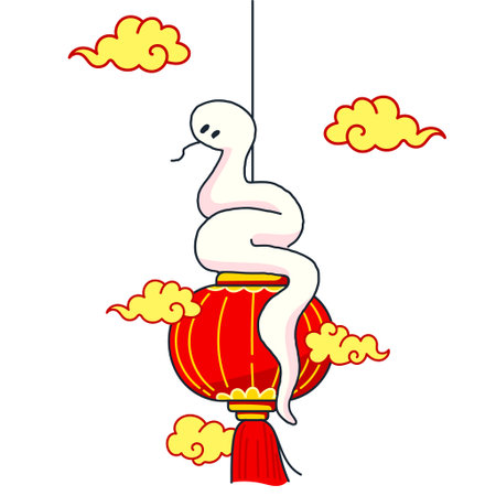 Hand drawn illustration of a snake sitting on a lanternのイラスト素材