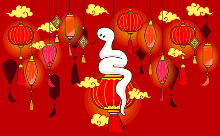 New Year illustration with snake and lantern