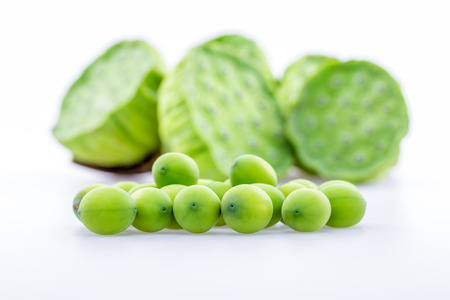lotus seed and lotus shower on white backgroundの写真素材