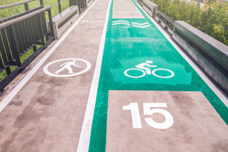 Walk and bike lane with speed limit. Signs for bicycle and walking painted on the concrete lane for...