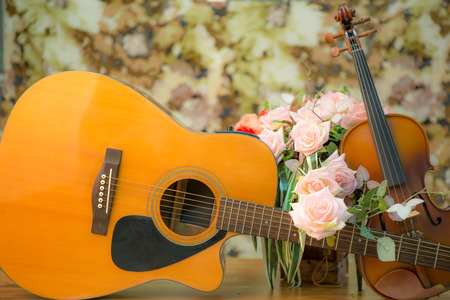 Violin,guitar,flute  and rose with vintage styleの写真素材