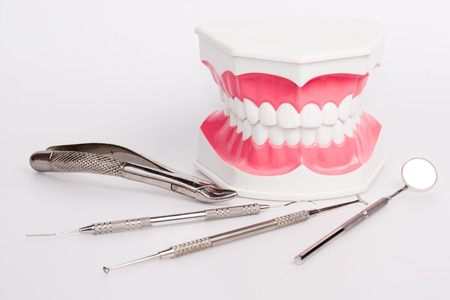 White teeth and dental instruments on white background
