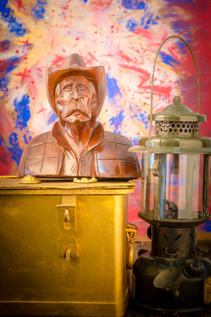 Wood carving with old lantern,still lieの写真素材