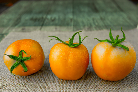 tomatoes on hemp cloth backgroundの写真素材
