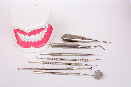White teeth and dental instruments on white backgroundの写真素材