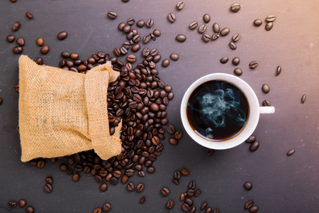 coffee and bread on woodenの写真素材