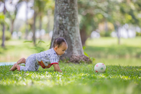 thai baby playing on grass in parkの写真素材