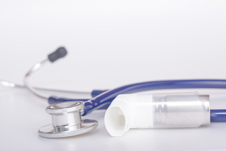 asthma inhaler and medicine on white background