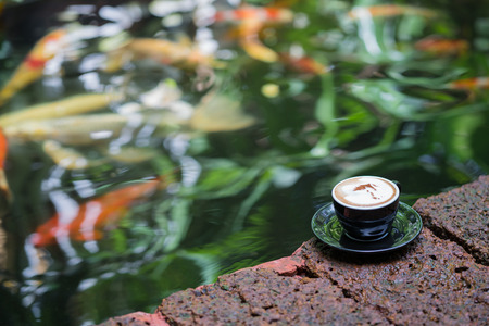 coffee time beside koi pondの写真素材