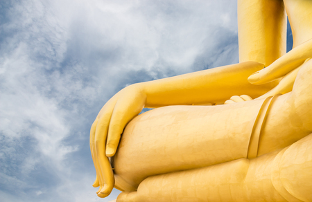close up hand of big golden buddhasStatue, Wat Muang, Ang Thong Province, Thailandの写真素材