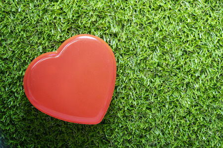 Red heart shape on green grass with copy space,top viewの写真素材