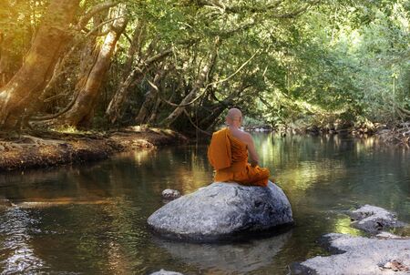 Buddha monk practice meditation beside river in forestの写真素材