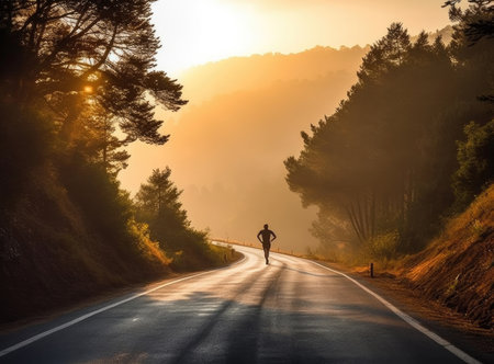 Man running on the street for exercise with nature sunrise background.Generative Aiの素材