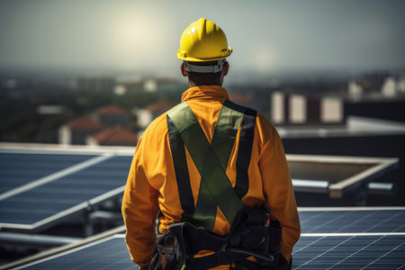 Engineer standing on top of a roof with solar panels. Generative Aiの素材