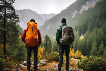 Two backpackers hiking on mountainl. Generative AI.の素材