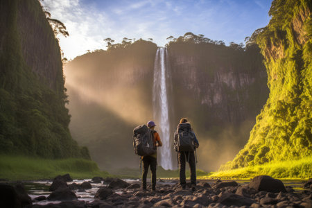 Two backpackers hiking against waterfall. Generative AI.の素材