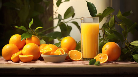 fresh orange with bottles of fresh orange juice,Generative Aiの素材