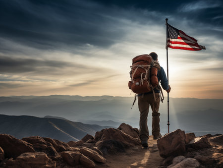 Backpacker heading to mountain top with a flag on top.Generative aiの素材
