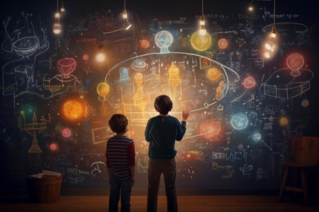 Little boys drawing his dreams on wall.Generative aiの素材