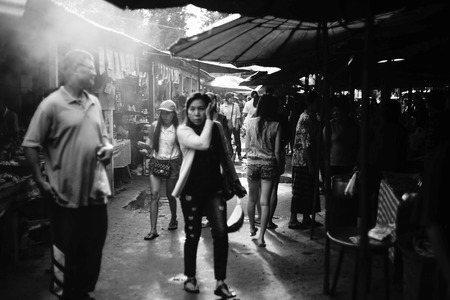 Prachuapkhirikhan,Thailand -June 05, 2016: Unidentified people at thai traditional market Prachuapkhirikhan Province, Thailand / high contrast black and white picture styleのeditorial素材